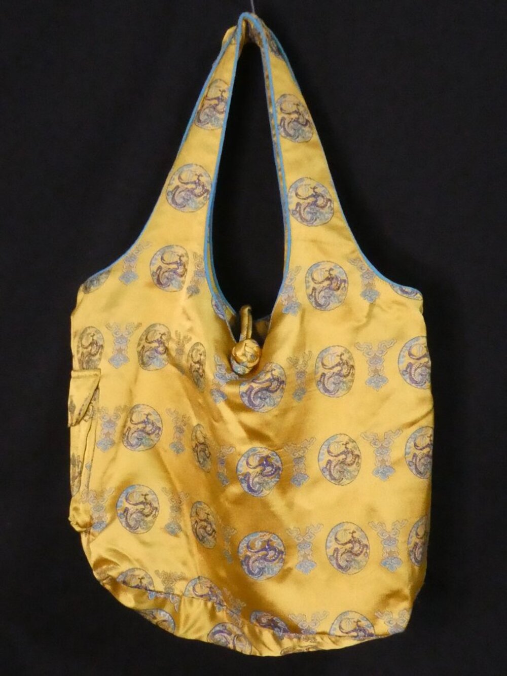 Vintage Chinese Gold Silk Brocade Hobo Bag With Blue Lining Closed Side Pockets